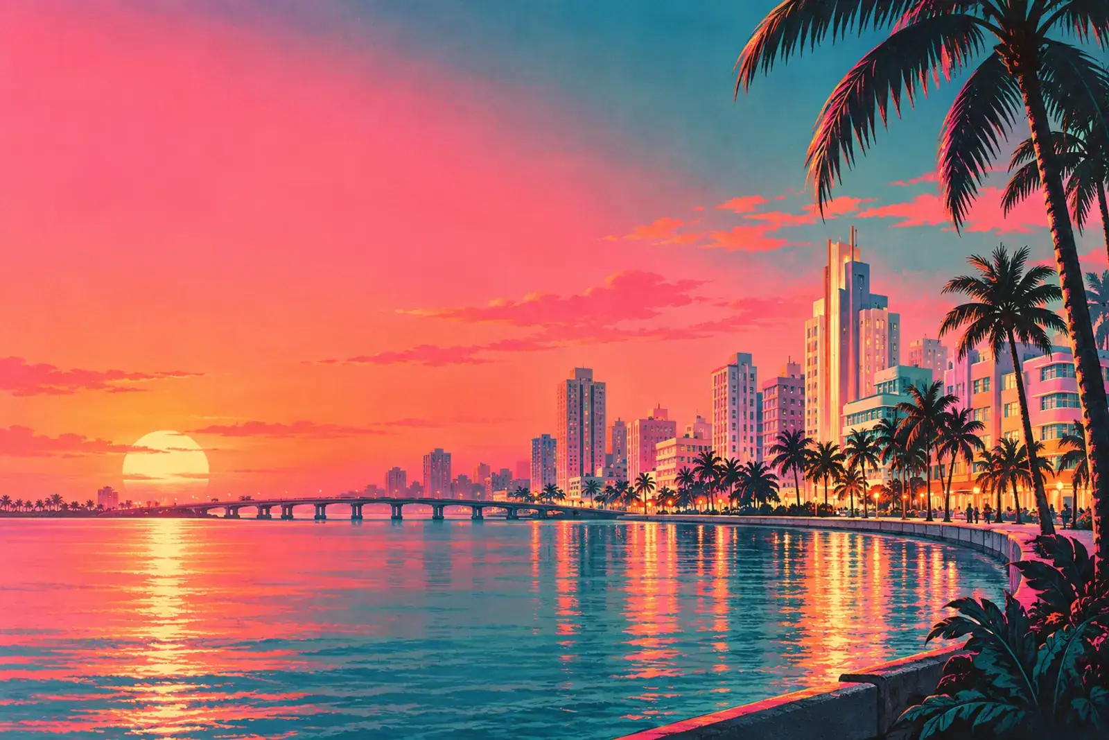 A painted coastal city skyline at sunset with palm trees and a causeway.