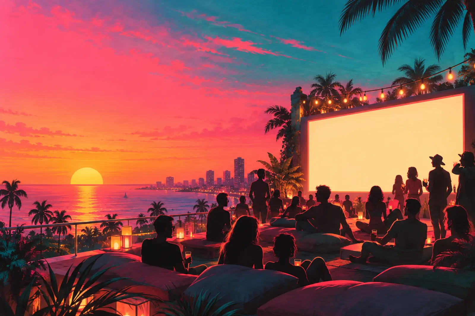 A group of stylised friends gathered around a glowing screen at dusk.