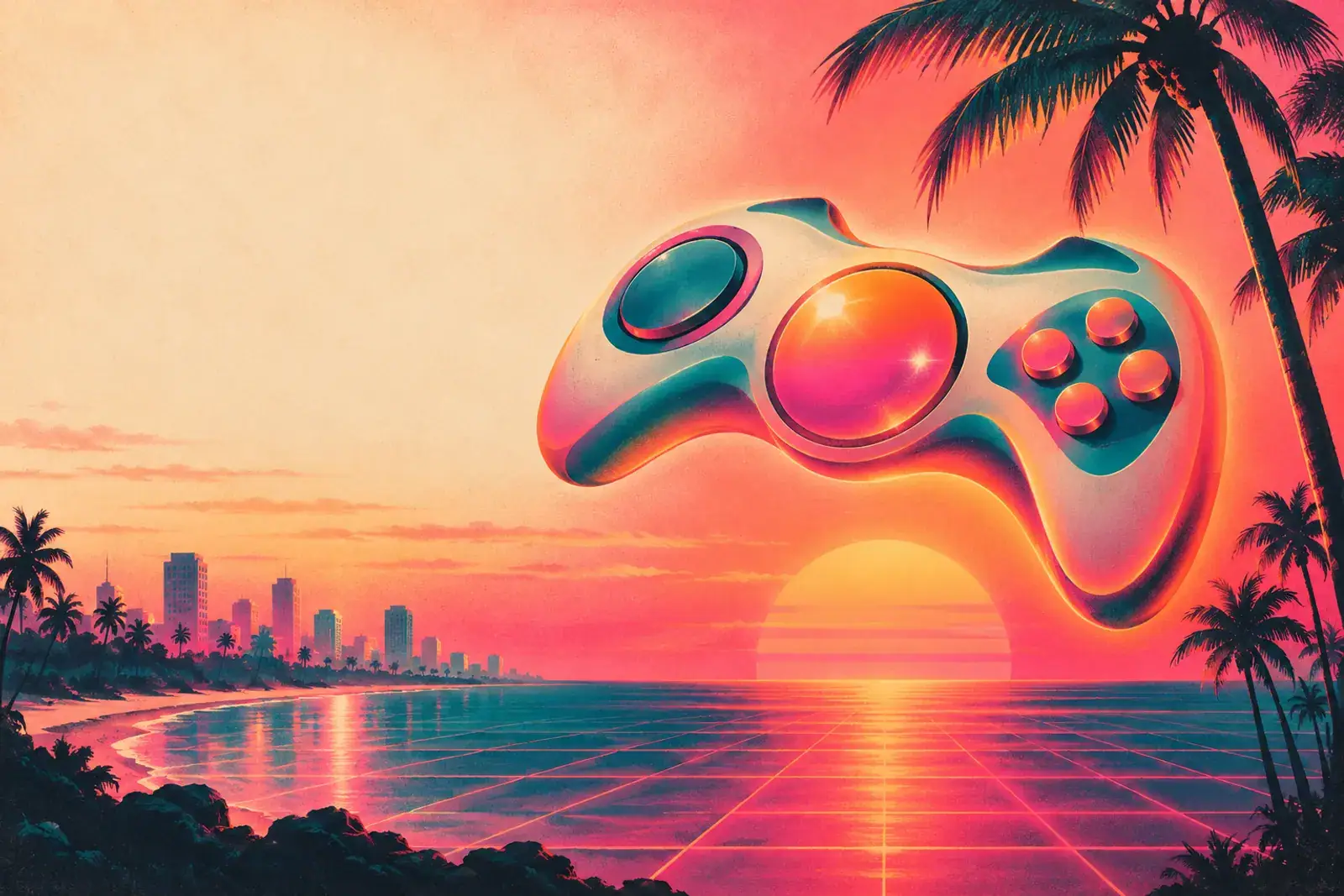 A glowing game controller floating over a neon beach at sunset.