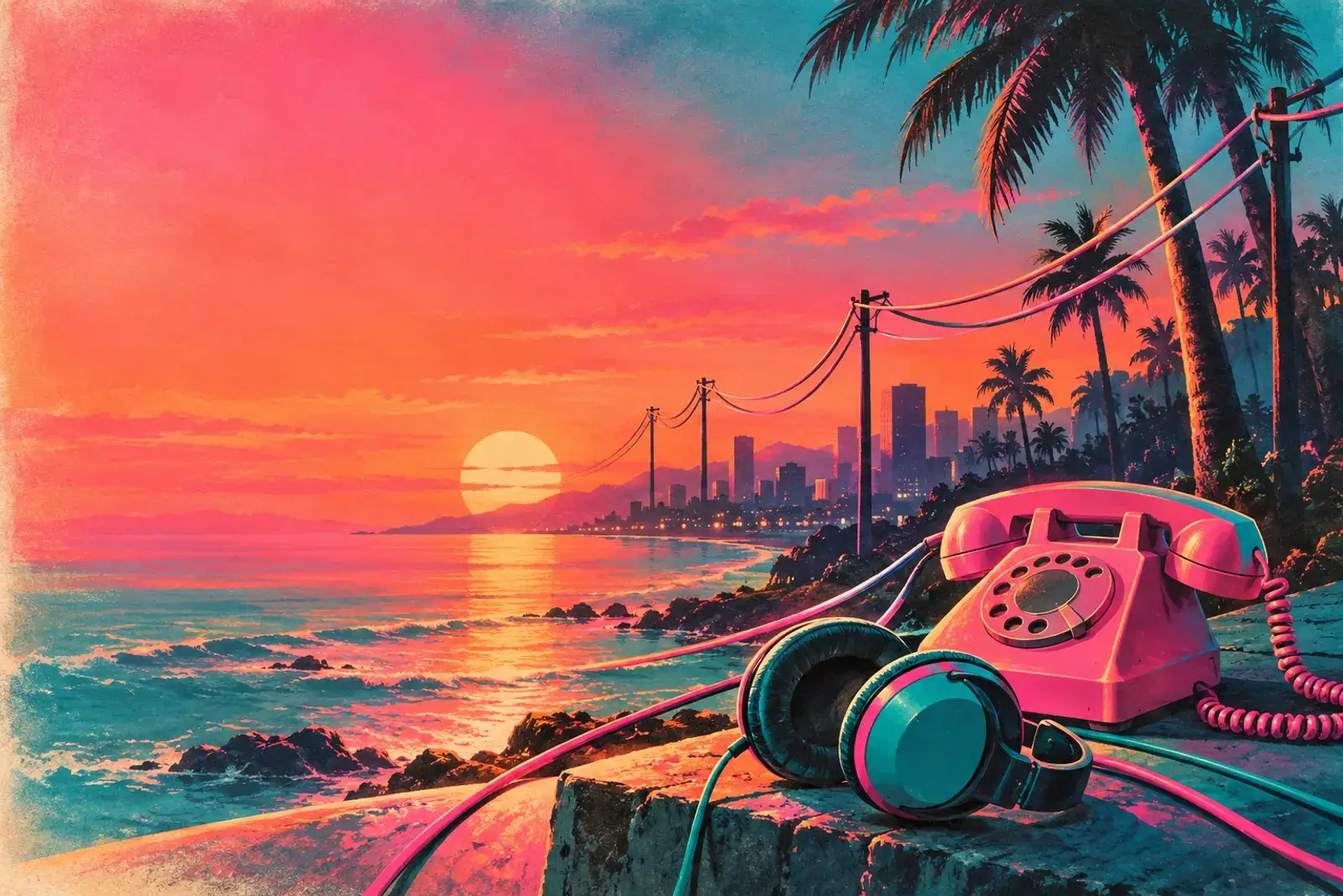 A painted sunset coast with a pink rotary phone and headphones on a ledge.