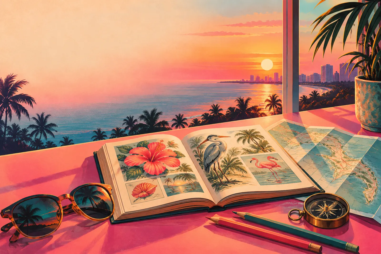 A field-guide book with a folded map, compass and sunglasses on a pink desk
