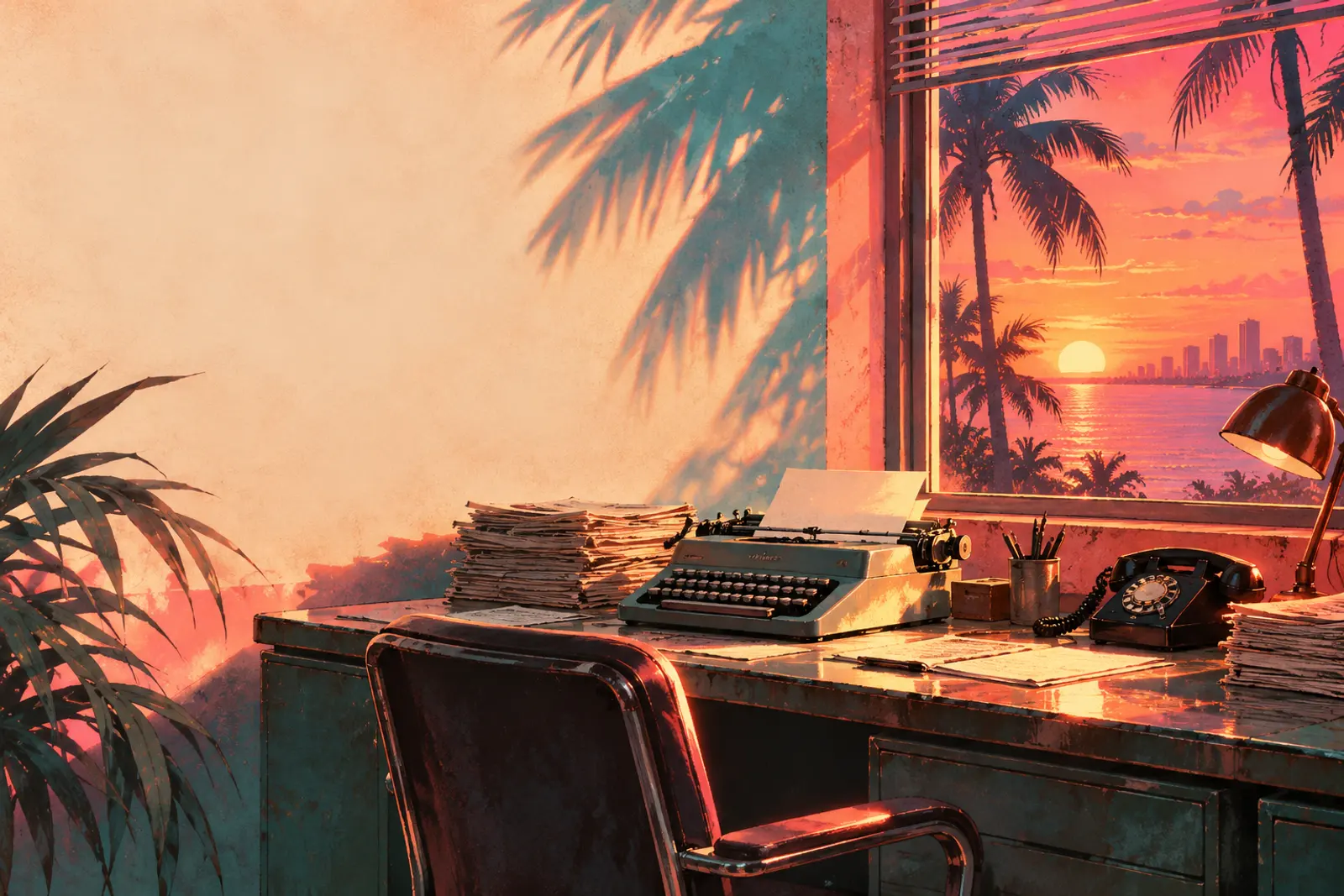 A neon newsroom desk with a typewriter at sunset