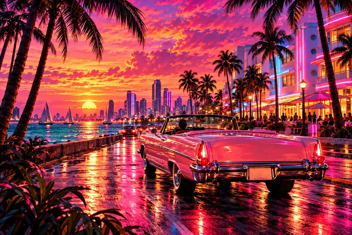 An original painted scene in a sunset palette.