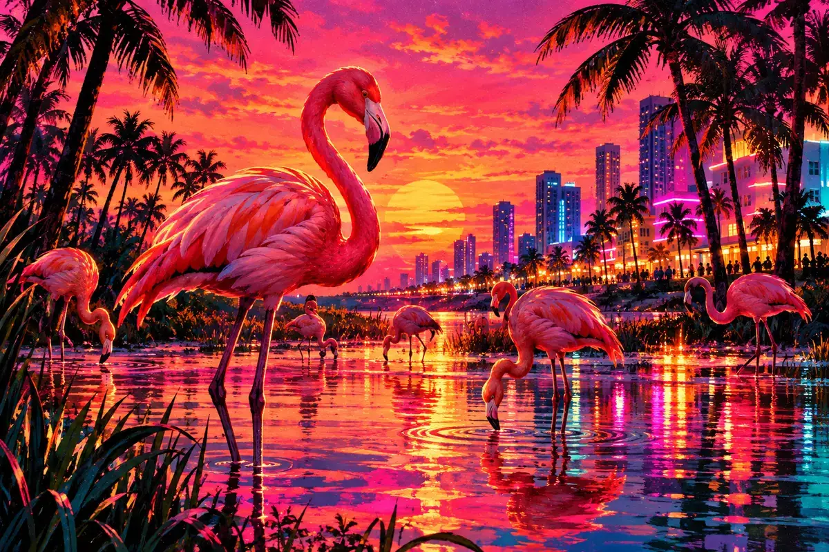 A painted pink flamingo beside a retro boombox on a sunlit pier.