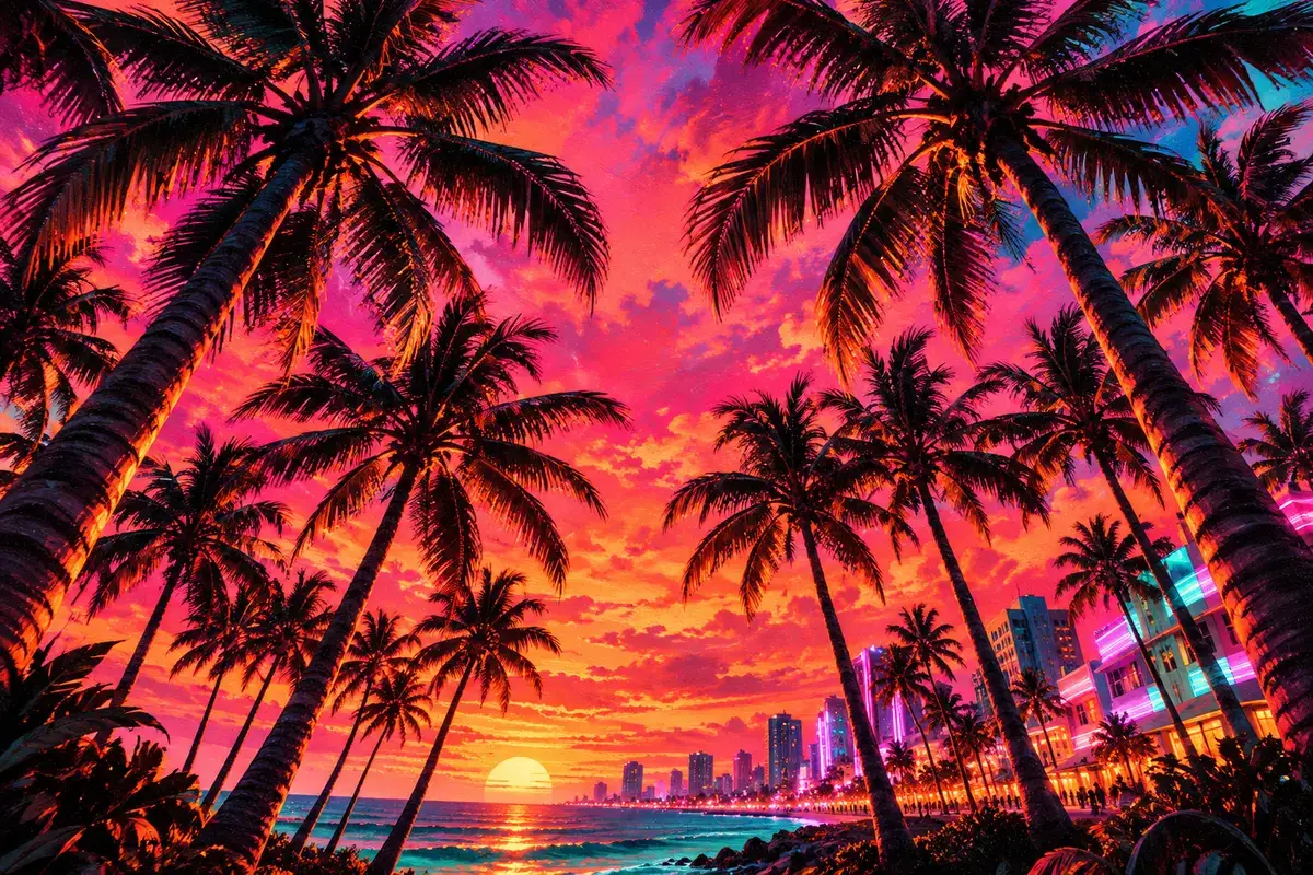 An original painted scene in a sunset palette.