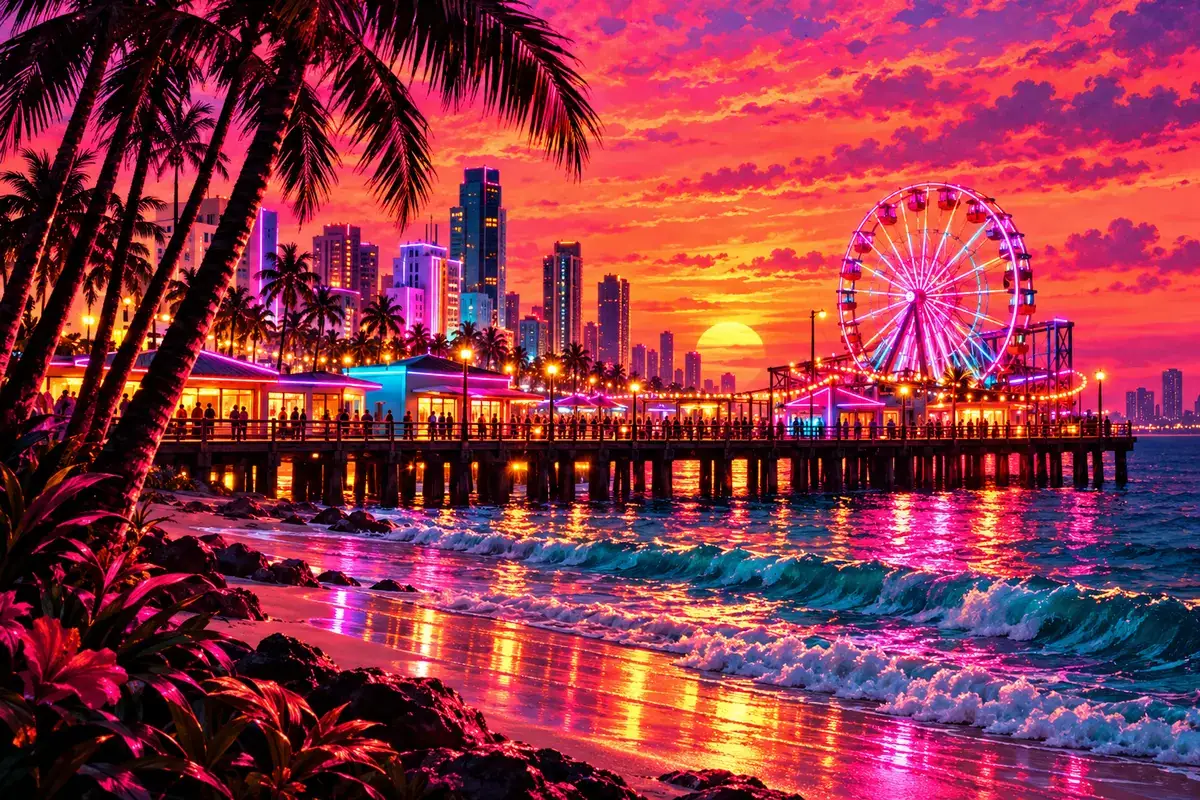 An original painted scene in a sunset palette.