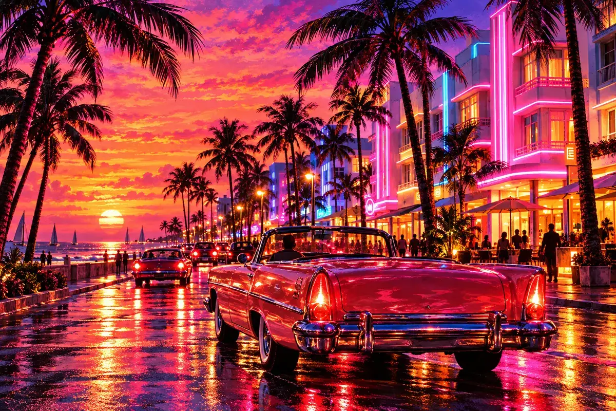 A painted sunlit street with shopfronts and palm trees.