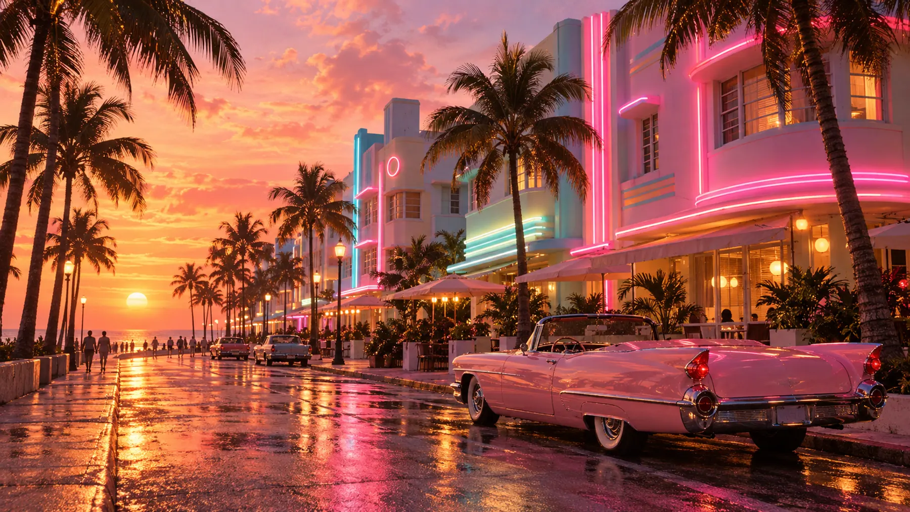 A pink convertible parked under palm trees on a neon-lit Art Deco street at sunset