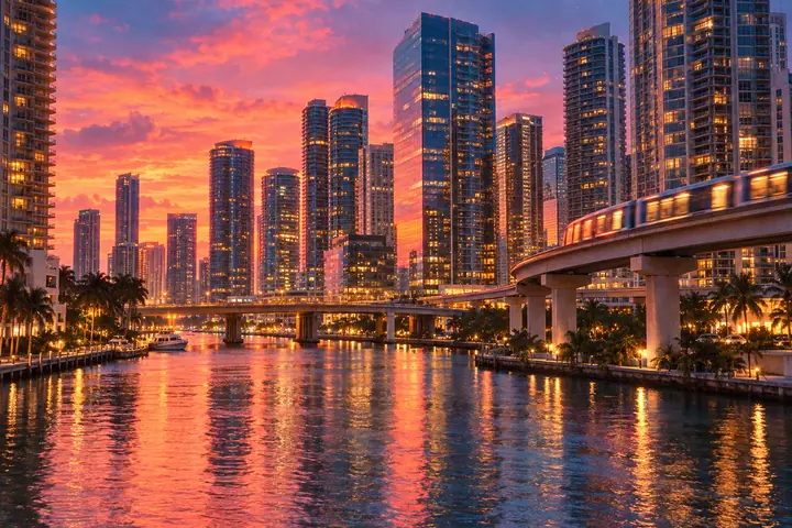 Brickell skyline of glass towers over the Miami River at blue hour