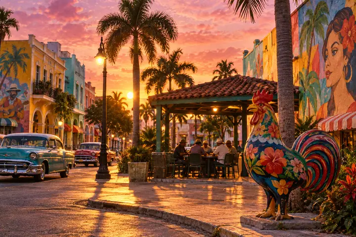 Colourful low-rise street in Little Havana with a domino park pavilion and painted rooster sculpture