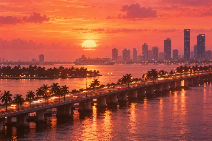 The MacArthur Causeway crossing Biscayne Bay at sunset with a cruise ship in the distance