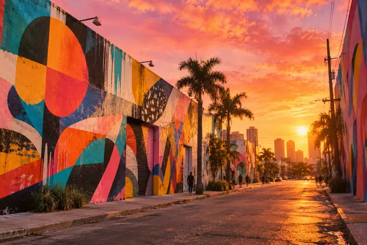 Large abstract murals covering warehouse walls in Wynwood