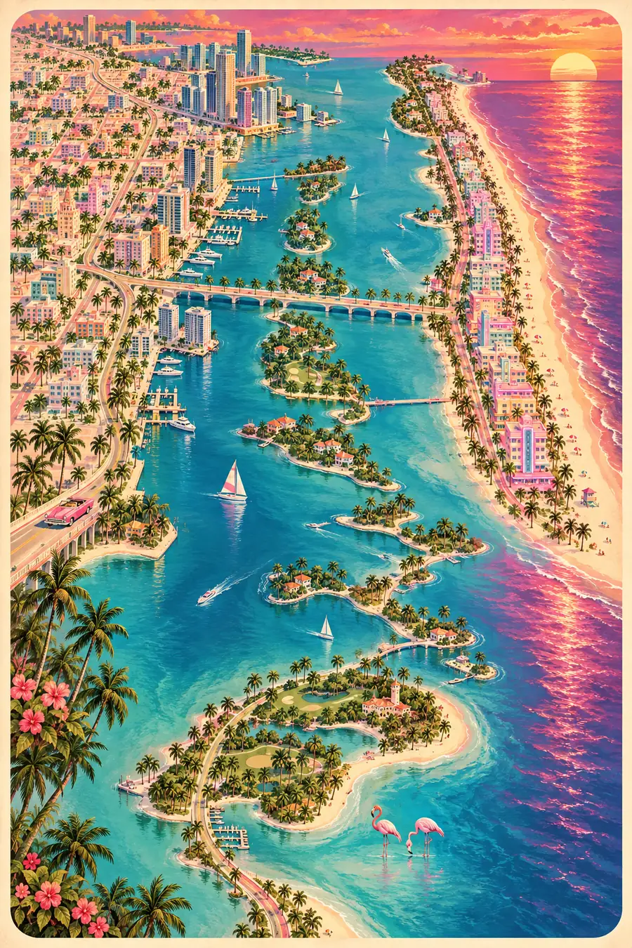 A painted travel-poster style aerial map of Miami: the mainland city on the left, Biscayne Bay in the middle, Miami Beach and the Atlantic on the right, and Key Biscayne and the Florida Keys to the south